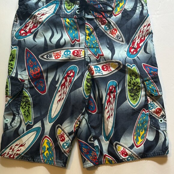 Hang Ten Small Youth Surfboard Skull Teen Boys Swim trunks shorts Navy Black - Picture 2 of 12